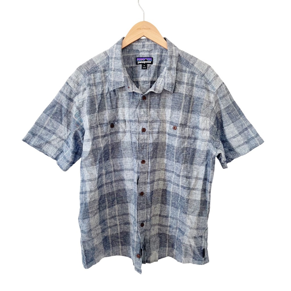 Patagonia Grey/Blue Plaid Back Step Short Sleeve‎ Shirt